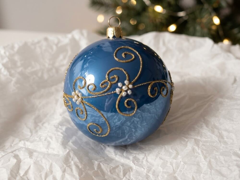 Vintage Blue Glass Christmas Ornament with Gold Glitter Filigree and Pearls